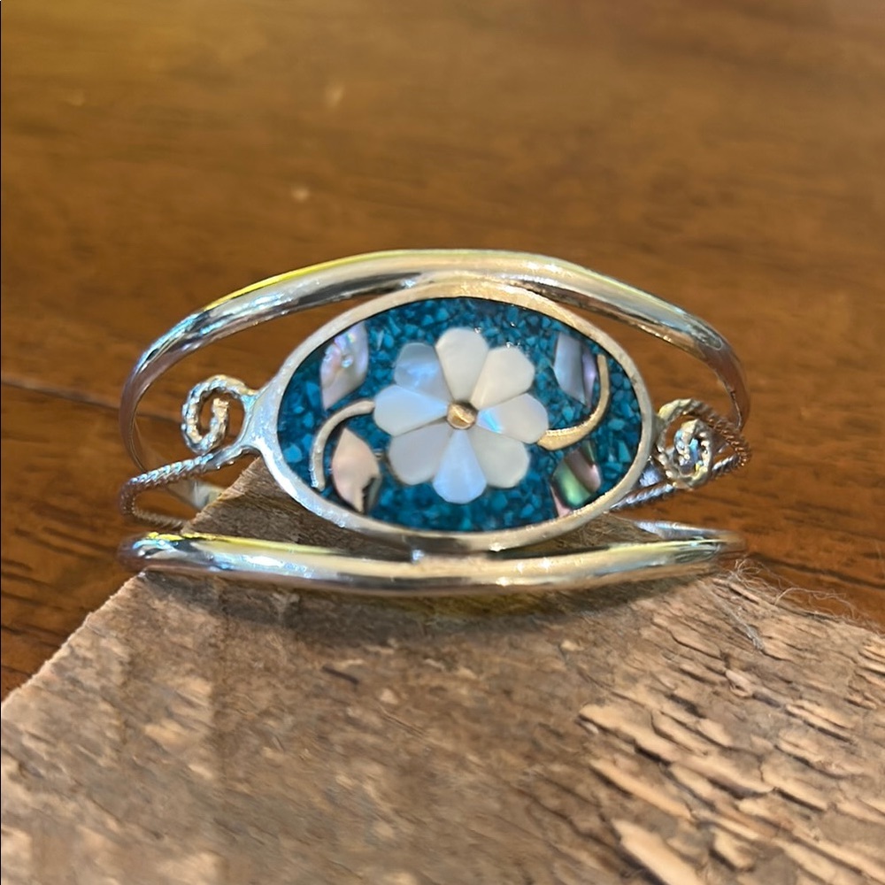 Sterling Silver and Blue Floral Bracelet Cuff